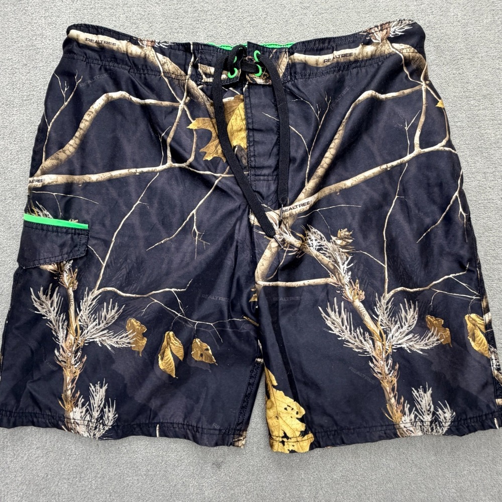 Realtree Sportsman Men's XL Swim Trunks Board Shorts Black w/ Branches Leaves